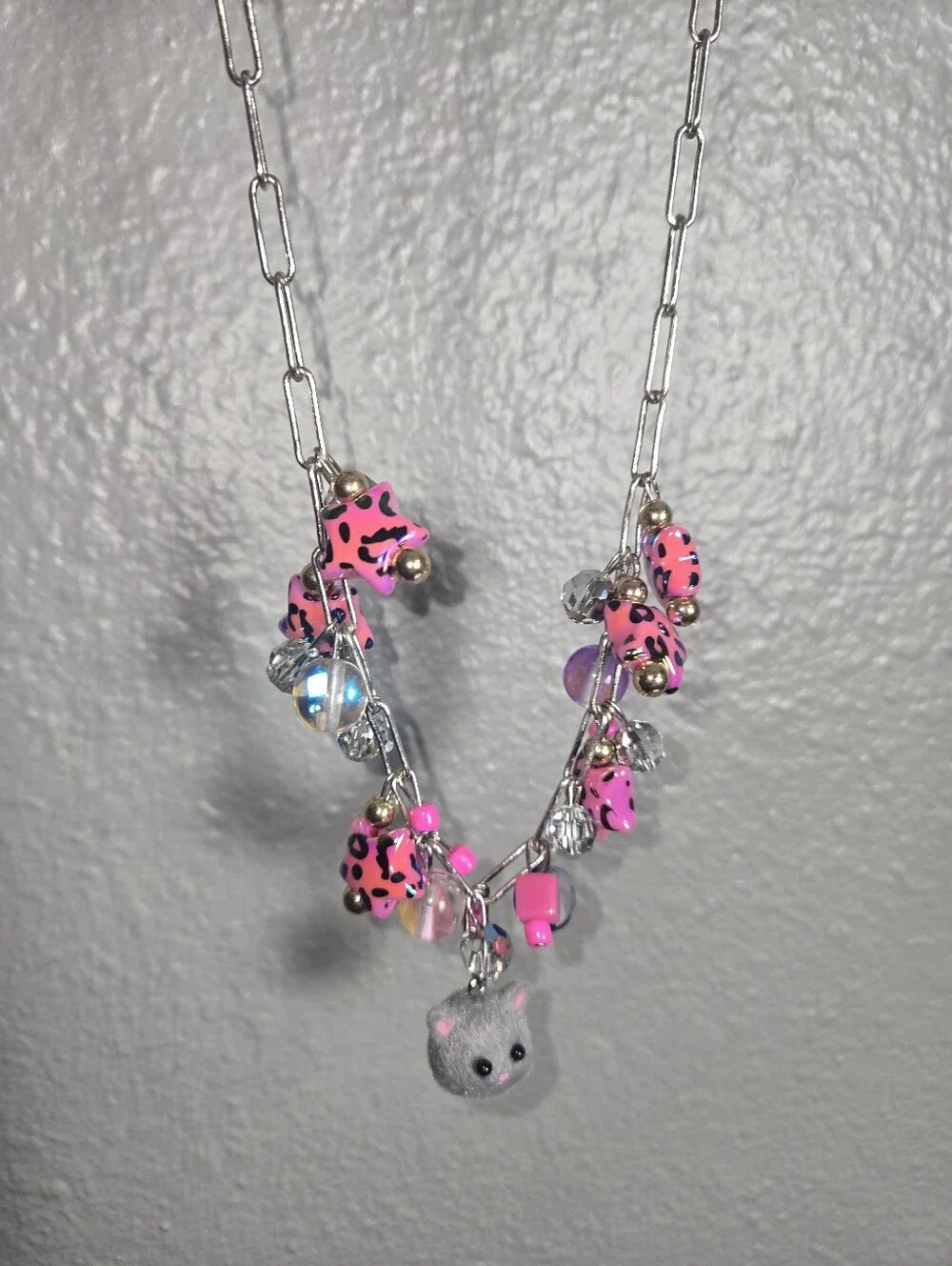Pink Leopard Charm Necklace with Gray Cat Pendant